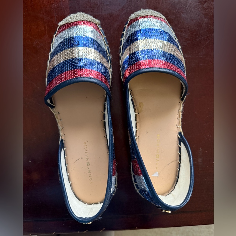 Tommy Hilfiger Red, Blue & Cream Striped Sequin Espadrilles